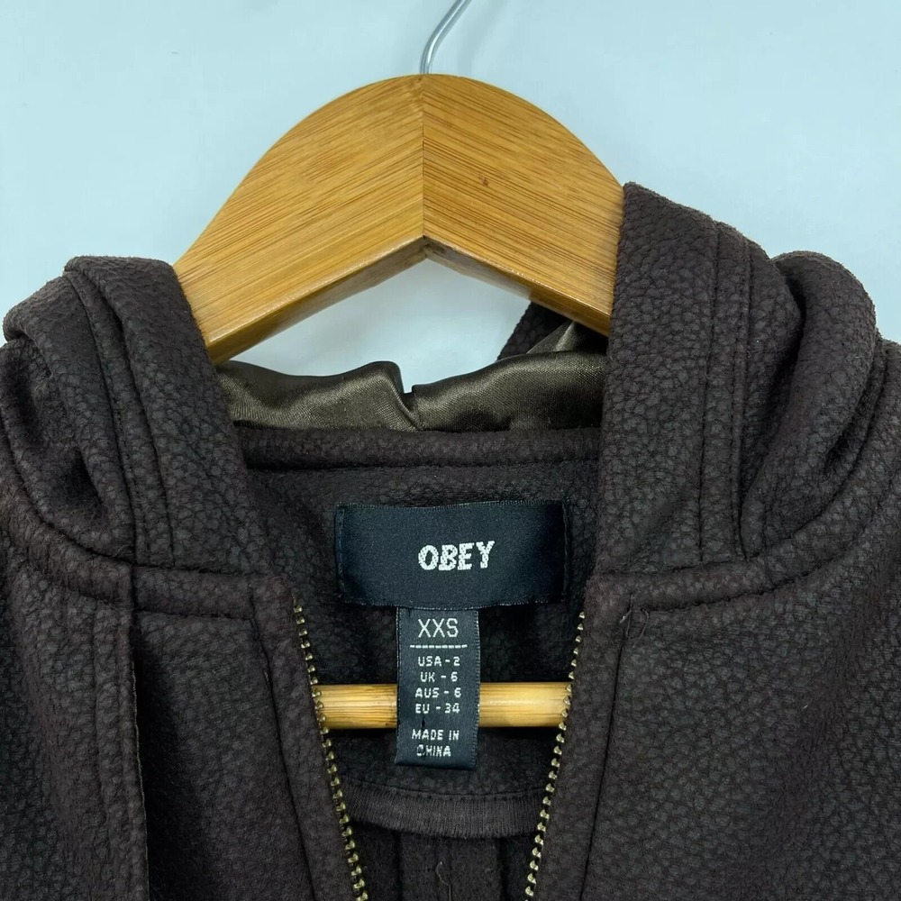 Obey Full Zip Hoodie Women's Size 2XS Brown Pockets Logo Faux Leather‎ Skate - Picture 5 of 10